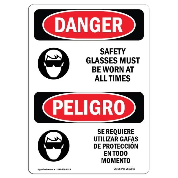 OSHA Danger, Safety Glasses Must Be Worn Bilingual, 24in X 18in Rigid Plastic, OS-DS-P-1824-VS-1557, Signmission, Mfr#: OS-DS-P-1824-VS-1557